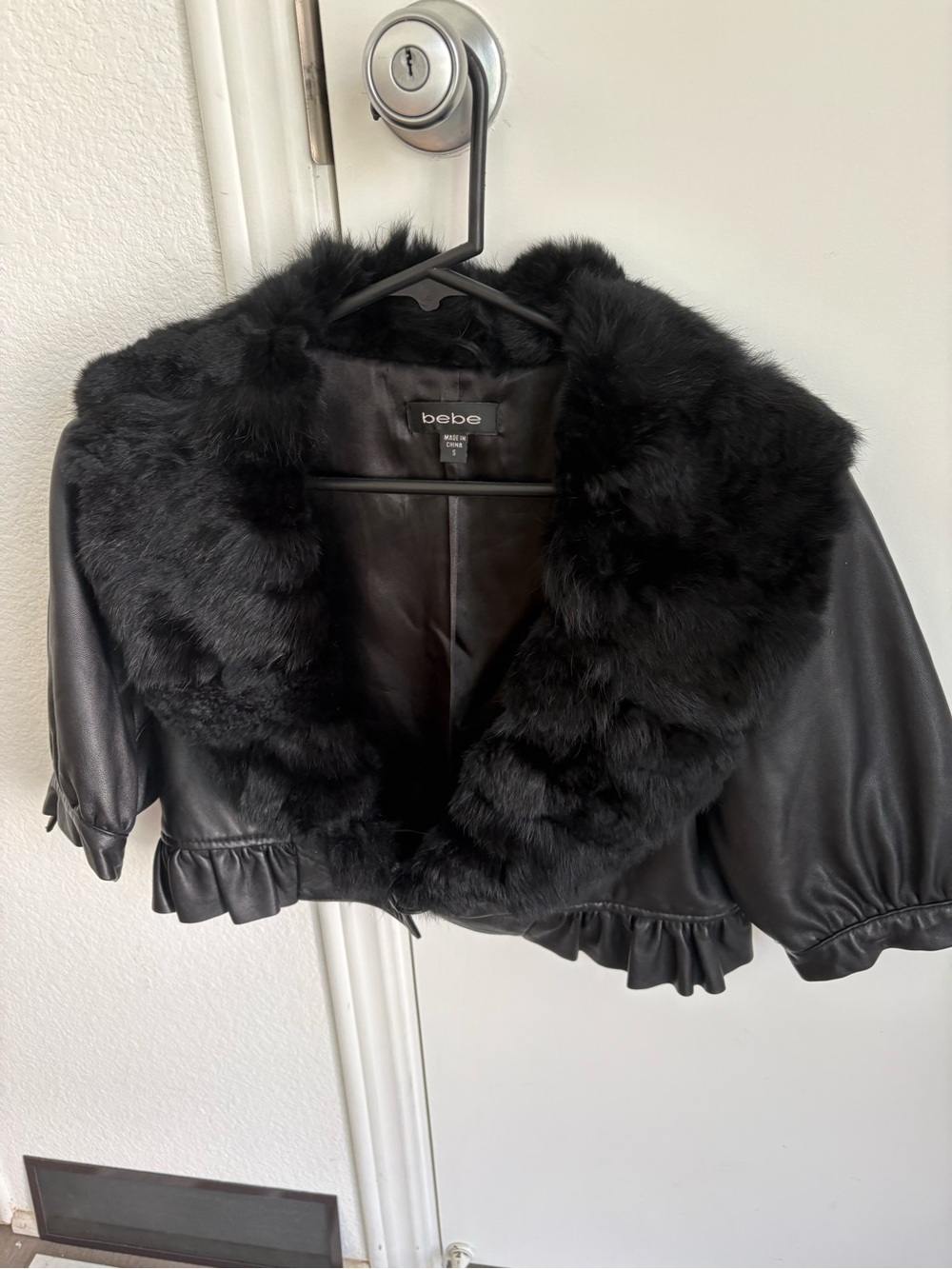 bebe Black dyed rabbit Fur Collar Cropped Leather Bolero Jacket
